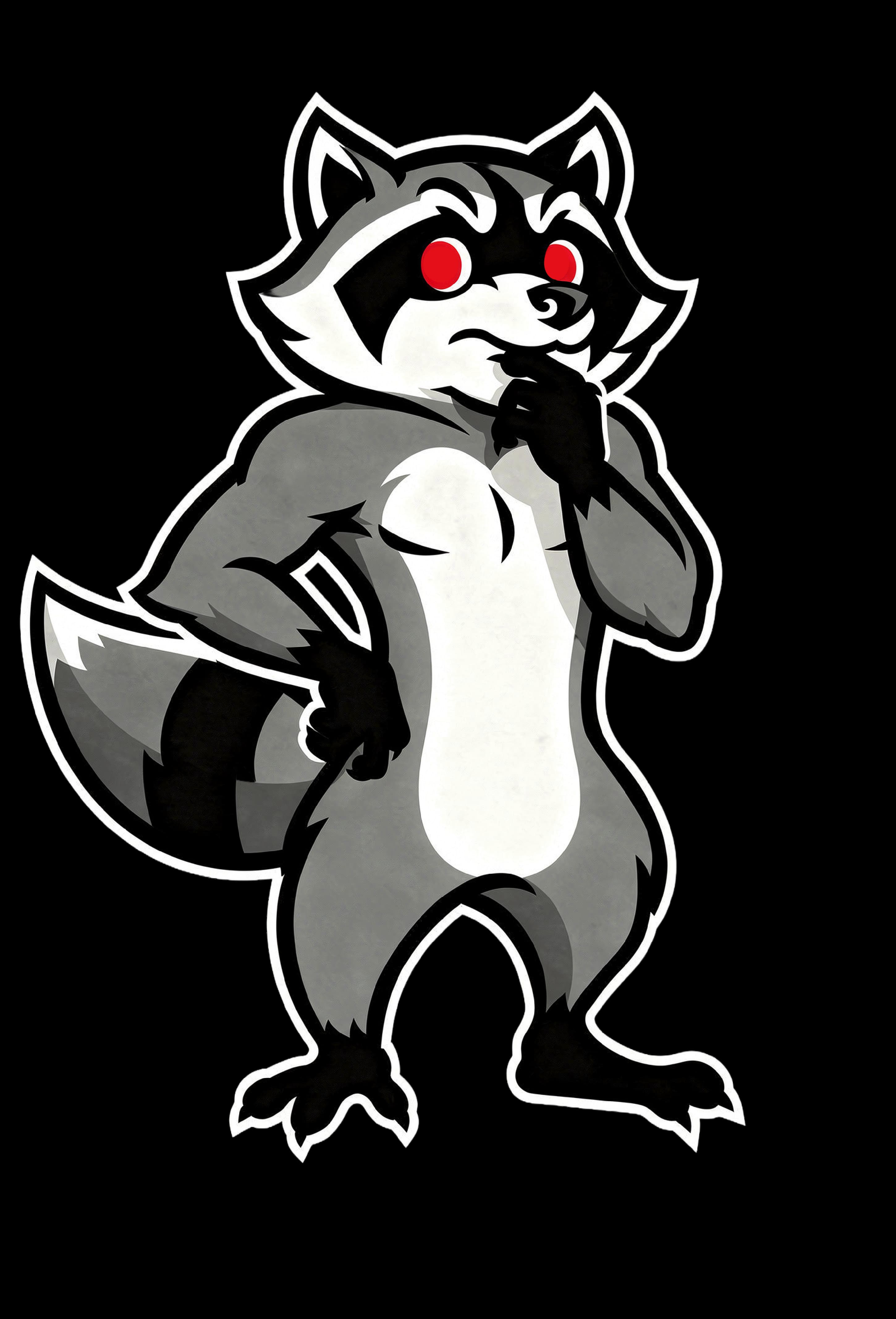 Cash For Cars raccoon mascot thinking with hand on chin